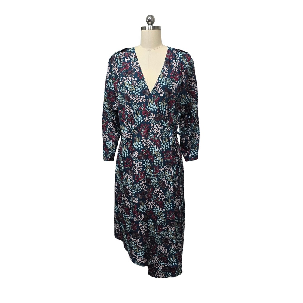 Joie Floral Print V Neck Midi Wrap Dress Navy Blue Womens Size Medium Asymmetric